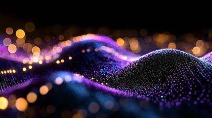 Poster - glowing purple and blue particle wave formation with golden bokeh lights on black background creates