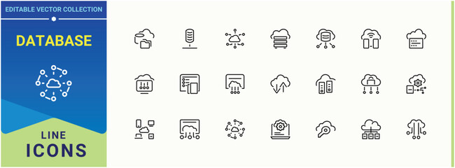 Poster - Database icon set. Containing network, networking, server, computing, hosting, tech, cloud and more. Cloud Server icon. Simple line vector icons. Editable stroke collections.