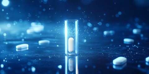 Poster - Glass cylinder showcasing single white pill, surrounded by blue bokeh and scattered pills, symbolizing medical research or pharmaceutical innovation