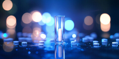 Aufkleber - Single capsule in a glass cylinder, on a reflective surface with blurred lights background, showcasing pharmaceutical product or medical research concept