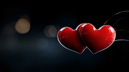 Poster - Two glossy red hearts floating against dark background with soft bokeh lights, romantic symbol of love and affection suitable for Valentine's Day designs and greeting cards.