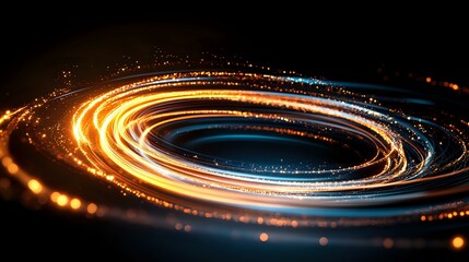 Aufkleber - Glowing spiral of light trails with orange and blue colors against dark background creates dynamic motion effect, suitable for technology concepts.
