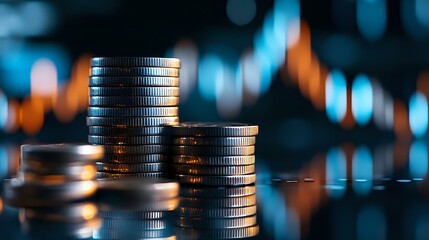 Poster - Stacked silver coins against blurred stock market chart background with orange and blue trading lines, representing financial investment and wealth growth concept.