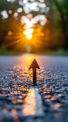 Poster - Arrow pointing upward on wet asphalt surface against golden sunset light creating bokeh effect and reflections, symbolizing growth, success and aspirational concepts.