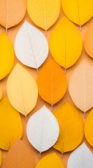 Poster - Colorful autumn leaves pattern in yellow, orange and white shades arranged in rows on peach background creating minimalist seasonal composition.