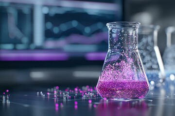 Poster - Laboratory glass flask containing bright pink glowing liquid with sparkles on dark background, scientific research concept in modern chemistry lab setting.