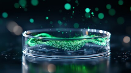 Poster - glowing green particles swirling in glass petri dish against dark background with bokeh effect, crea
