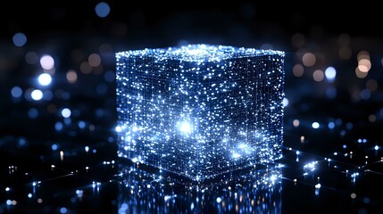 Poster - Glowing blue cube with sparkles and light particles floating in dark space creates magical atmosphere. Abstract digital art with bokeh effect and reflections.