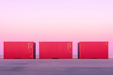 Poster - Three red shipping containers sit on a concrete surface against a pink sky, creating a minimalist industrial scene suitable for banner or background use