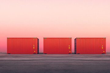 Poster - Three red shipping containers sit on a gray surface against a pink sky, showcasing a minimalist industrial scene ideal for logistics or transportation mockups