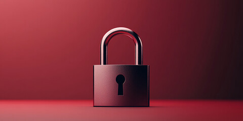 Poster - Metal padlock on red background, showcasing security and protection concept.  Minimalist design ideal for websites or presentations