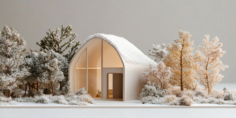 Fototapete - Architectural model of a snow-covered house nestled in a miniature winter landscape, showcasing modern design in a serene setting, ideal for real estate or home design concepts