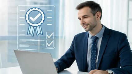 Poster - Man in suit working on laptop with quality assurance graphic overlay and clipboard on the desk nearby