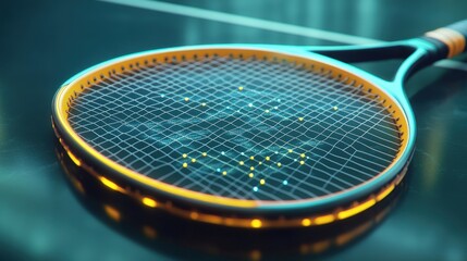 A neon illuminated tennis racket on a dark playing surface