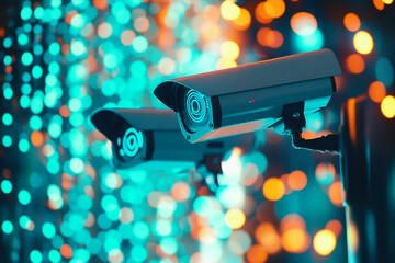 Poster - Two security cameras against a bokeh background of teal and orange lights, showcasing modern surveillance technology and urban nighttime ambiance