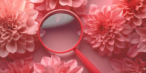 Aufkleber - Red magnifying glass on pink dahlia flowers background, creating a stylish and elegant composition, showcasing a blank space ideal for branding or text
