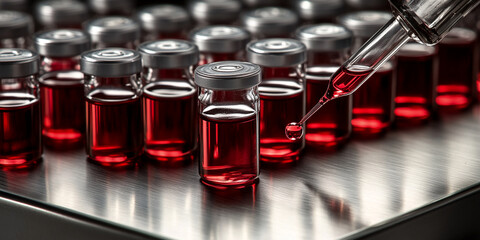 Aufkleber - Close-up of multiple glass vials filled with red liquid, a pipette dispensing a drop, on a metallic surface.  Showcase of medical or scientific research concept