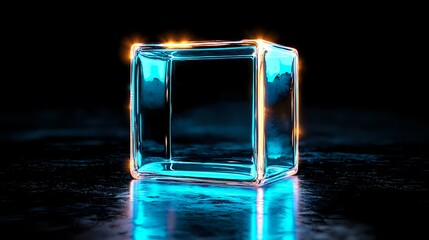 Poster - Glowing neon blue cube with orange light edges on dark reflective surface creates futuristic sci-fi atmosphere. Modern minimalist composition for technology concepts.