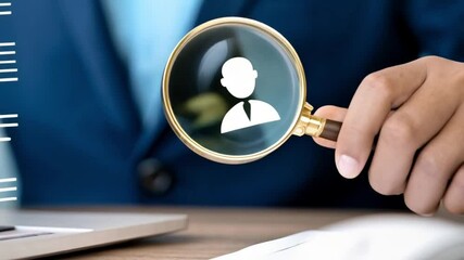 Aufkleber - Man holding magnifying glass over person icon next to laptop and checklist on a desk surface