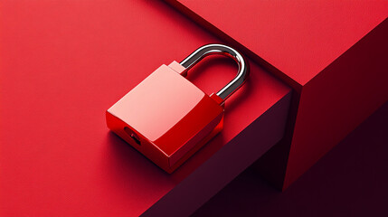 Poster - Red padlock on red textured surface, geometric shapes create a modern design, symbolizing security, privacy, or protection