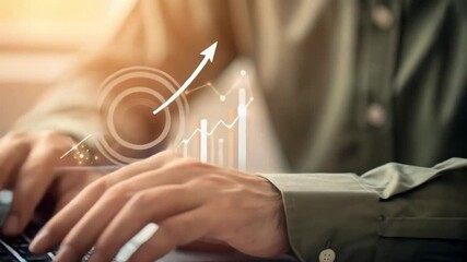 Poster - Hands typing on a laptop with a target and upward trending graph overlayed for the year twenty twenty five