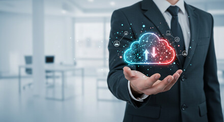 Poster - A businessman confidently presenting a glowing cloud network symbolizing data transfer and seamless connectivity in a modern office setting.