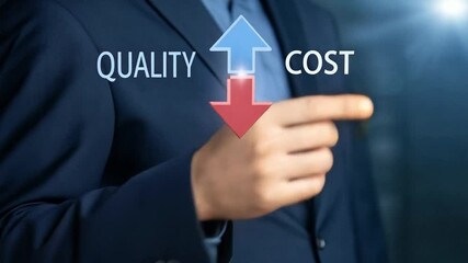 Aufkleber - A man in a suit pointing at quality and cost arrows in a business concept presentation image
