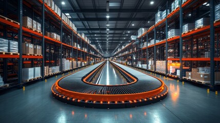 Poster - A modern warehouse features an advanced conveyor system, efficiently transporting goods along a well organized space filled with high storage racks, emphasizing logistics and inventory management.