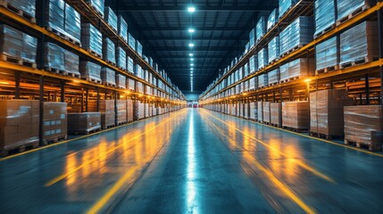 Poster - Rows of neatly stacked pallets filled with cargo illuminate the spacious warehouse, showcasing effective inventory management and logistics activity during daytime operations.