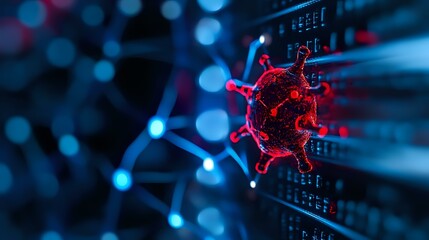Poster - Glowing red virus cell on digital network background with blue bokeh lights and binary code, representing cybersecurity and digital health threats.