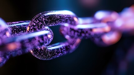 Poster - Glowing purple chain links with sparkle effect on dark background, macro photography showing metallic texture and reflective surface detail. Concept of strength and connection.