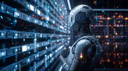 Poster - AI robot analyzing data trends in a futuristic digital environment for enhanced business intelligence