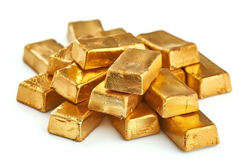 Poster - Stack of shiny gold bars on white background, representing wealth, financial investment and precious metal trading. Isolated photo for banking concepts.