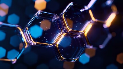 Poster - glowing molecular structure with hexagonal shapes against dark background with blue bokeh lights cre