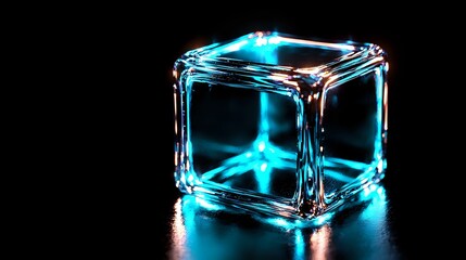Poster - Glowing blue neon ice cube on black background with dramatic lighting and reflections creates futuristic minimal composition for modern design projects.