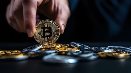 Poster - Hand holding shiny golden cryptocurrency coin over pile of digital currency on dark background, dramatic lighting highlights financial technology concept.