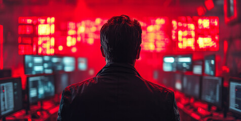 Fototapete - A cybersecurity expert monitors multiple screens displaying red alerts about potential data breaches.