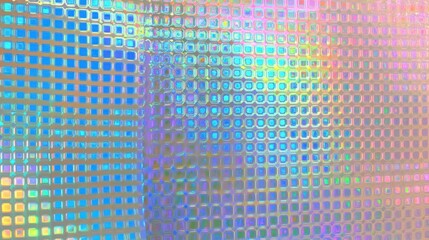 Poster - Holographic rounded square surface generating iridescent gradient pattern, transitioning between blue, pink, yellow hues, creating vibrant abstract background texture