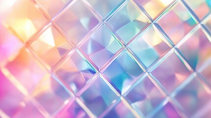 Poster - Prismatic crystal texture displaying geometric diamond pattern with shimmering pink, orange, blue, purple hues forming vibrant, iridescent abstract background