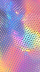 Poster - Iridescent geometric grid featuring shimmering rainbow colored tiles, reflecting light with vibrant energy for contemporary design, fashion, and festive visual compositions