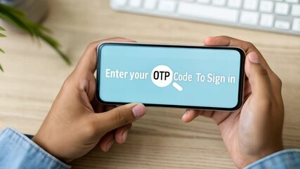 Aufkleber - Person holding a smartphone displaying an otp code request near a keyboard and plant pot