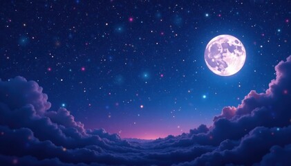 Wall Mural - A starry night sky with a bright full moon and vibrant stars in shades of blue and purple, space, celestial
