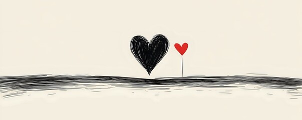Poster - Minimalist love concept showing black and red heart shapes on horizon line against cream background, expressing romance and relationship dynamics in simple artistic style.