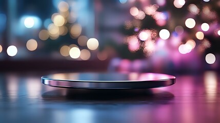 Poster - Sleek smartphone on reflective surface with dreamy pink and blue bokeh lights creating magical atmosphere, modern technology concept for mobile display mockup.