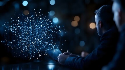Poster - Businessman working late with glowing digital particle visualization floating above mobile device, dark office setting with bokeh lights in background.