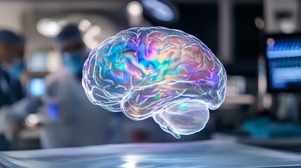 Poster - Glowing holographic brain with rainbow iridescent colors floating in medical laboratory environment, depicting neuroscience, artificial intelligence and brain research.