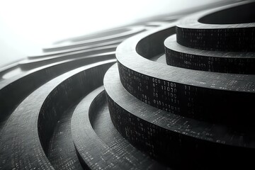 Poster - Abstract curved architectural steps forming concentric circles in dramatic black and white lighting, creating geometric patterns with strong shadows and depth.