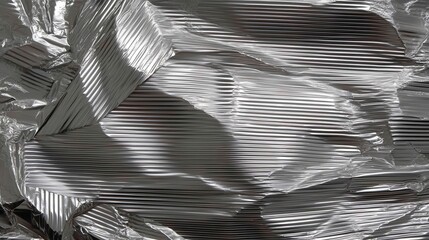 Poster - Crumpled silver foil reflecting light, metallic surface revealing intricate textures through complex folds and dramatic shadows, highlighting abstract metallic patterns