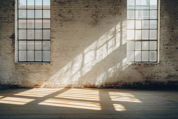 Poster - light streaming through windows in empty room with brick wall