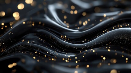 Poster - Undulating black liquid surface swirling with golden sparkles, generating dynamic metallic texture reflecting luxury and sophistication